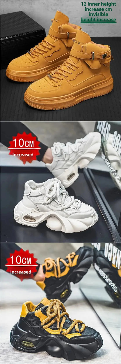 New Autumn/Winter Men's Casual Sneakers 12cm Increased Height 10cm Thick Sole White Shoes High Top Rubber Base Male Footwear