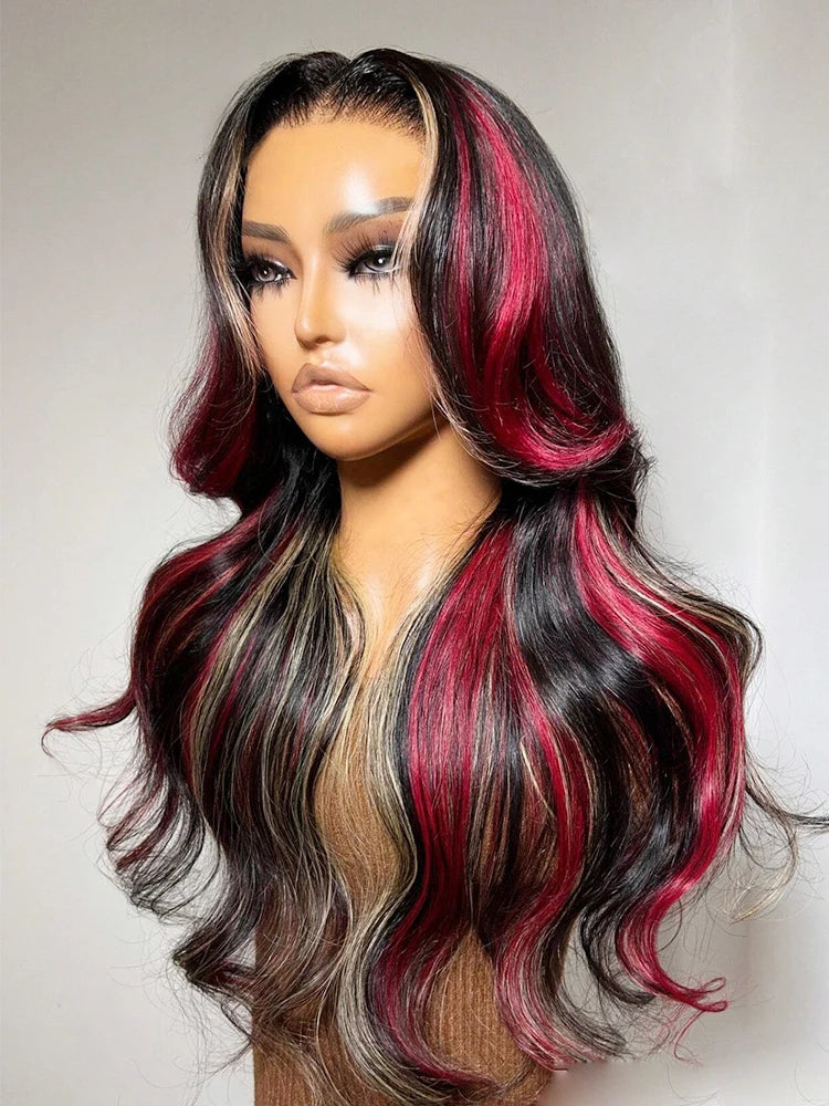 Highlight Black Red Blonde Wig Human Hair 5x5 Glueless Body Wave  Balayage Colored Wigs Human Hair Pre Plucked 180% Density