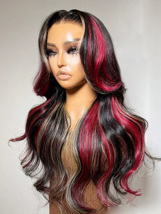 Highlight Black Red Blonde Wig Human Hair 5x5 Glueless Body Wave  Balayage Colored Wigs Human Hair Pre Plucked 180% Density