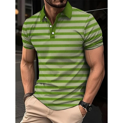 3D Print Colorful Color Block Polo Shirt For Men Stripes Pattern T-Shirts Summer Loose Street Lapel Top Button Short Sleeve Tees