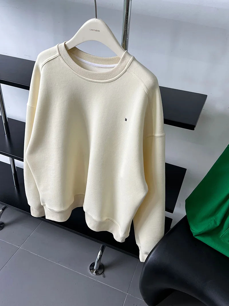 NS Pure Color Lazy Loose BF Hoodie Women's Simple Shape Sweatshirt Long Sleeve Letter Embroidery Top Casual Style Cotton Blend