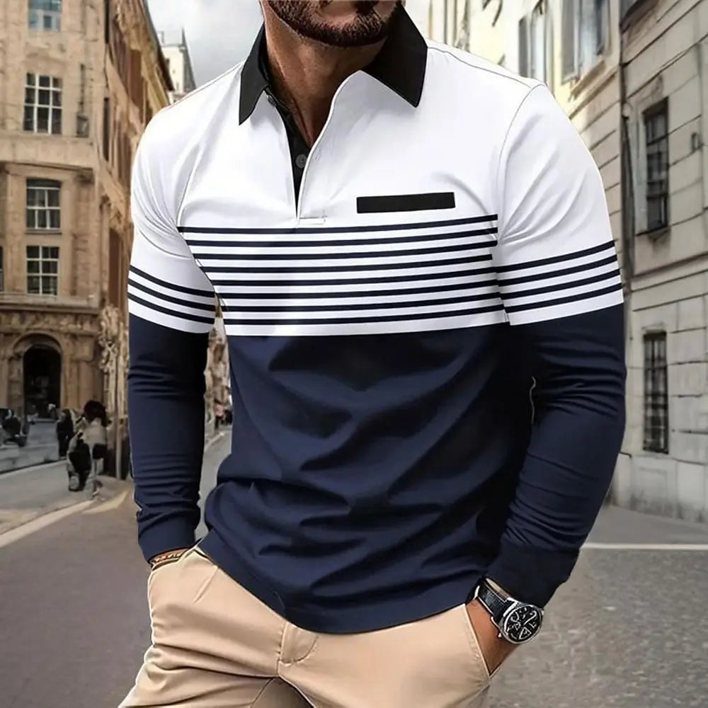 Men's Horizontal Stripes Polo Long Sleeve Polo Shirts Athleisure Daily Wear 3D Prints Breathable Buttons Tops 2025 Fall Winter