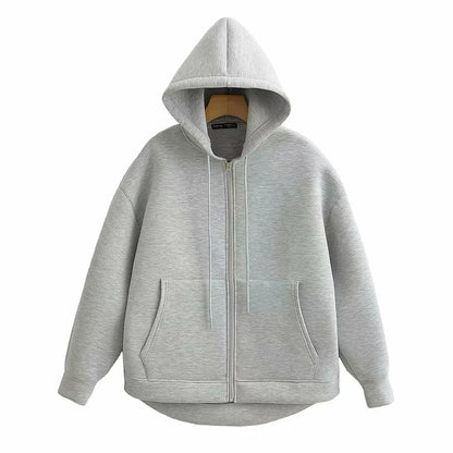 Autumn Women Gray Jacket with Hood Long Sleeve Big Pocket Zipper Jacket Coat Woman Loose Casual Outerwear Coat Tops