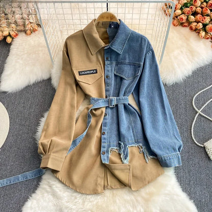 Slimming Denim Patchwork Lapel Dress Autumn Waist-fitted Medium-length Shirt