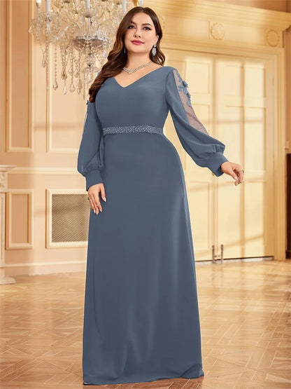 XUIBOL Plus Size Elegant Blue Applique Evening Dress 2026 Women Formal Maxi Prom Long Sleeves Party Dress Luxury Cocktail Prom