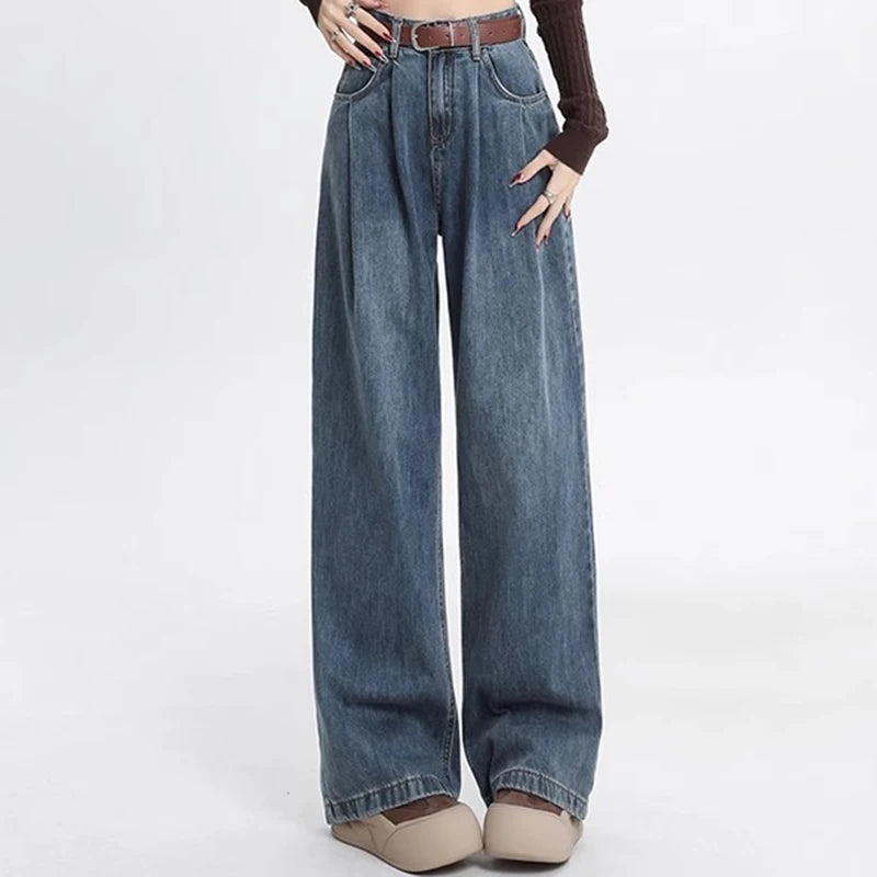 Woman High Waist Straight Leg Jeans Lady Loose Denim Wide Leg Pants Girls Korean Khaki Retro Blue Light Blue Gray White Trousers