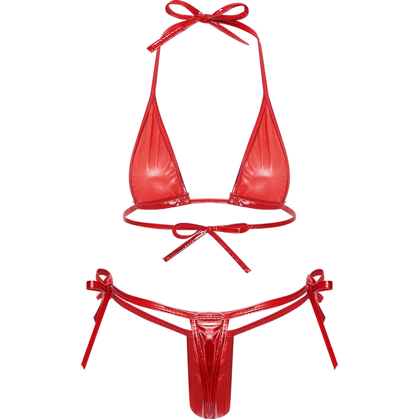 Womens Brazilian Micro Bikini Swimsuit Biquini Set Lacing Non-Padded Triangle Cup Bra Top with G-String Metallic Shiny Swimwear