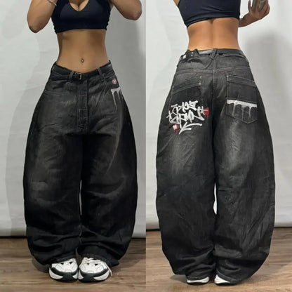 Y2K Best Selling Explosions Men and Women With Retro Embroidery Baggy Jeans Harajuku Rock Hip-Hop Casual Joker Wide Trousers