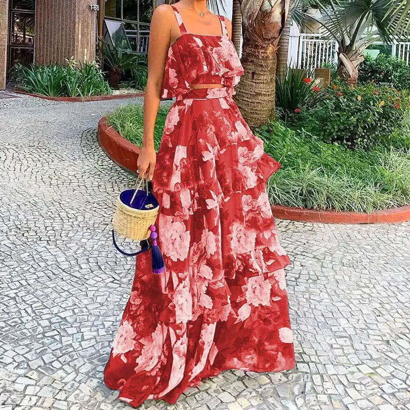 Women Sexy Spaghetti Strap Backless Short Top High Waist Ruffles Stitching Skirt Suit Summer Fashion Vacation Printed Suit