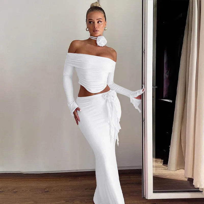 TARUXY Flower Bodycon Skirt Sets Women Slim Sexy Backless Lace Up Tops Women's Party Elegant Dress 2 Piece Womens Suits Outfits