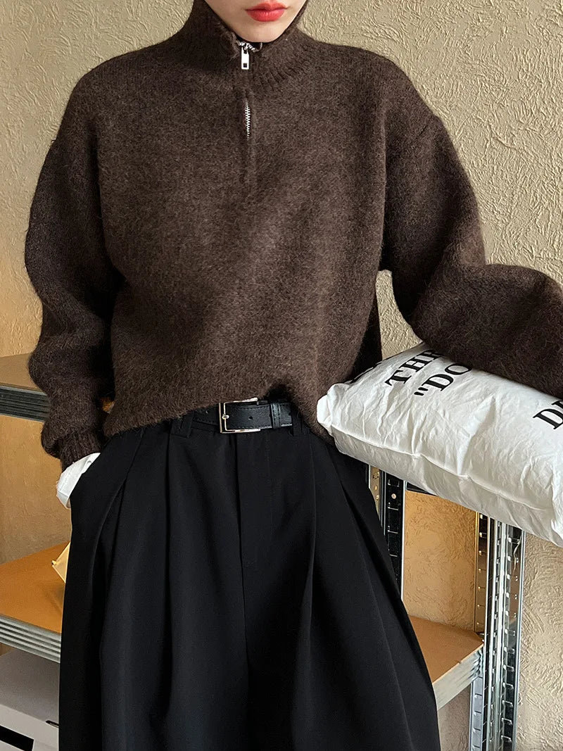 2026 Women Turn Down Collar Sweater Long Sleeve Zipper Design Warm Cardigans Clothes Tops For Women Winter Sweater Pull Femme