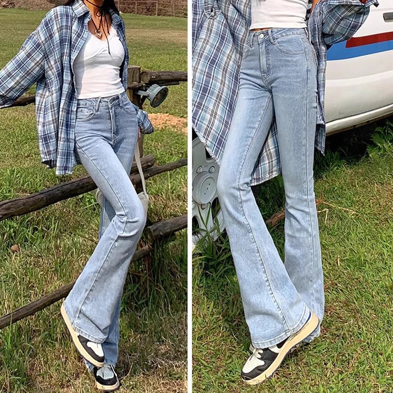 Woman Elastic High Waist Bell Bottom Jeans Female High Street Designer Flare Pants Lady Fashion Blue Black Gothic Denim Trousers