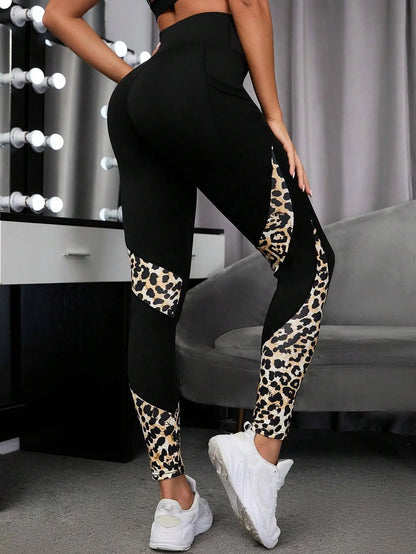 Women Printed Yoga Leggings Leopard Splicing Together Leggings High Waist Butt Lift Fashion Fitness Running with Pocket Legging