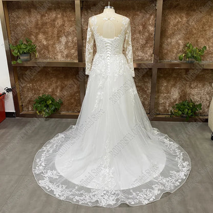 RODDRSYA Elegant O-Neck Wedding Dress Lace Up A-Line Applique Tulle Long Sleeves Beach Bride Gowns vestidos de novia Customized