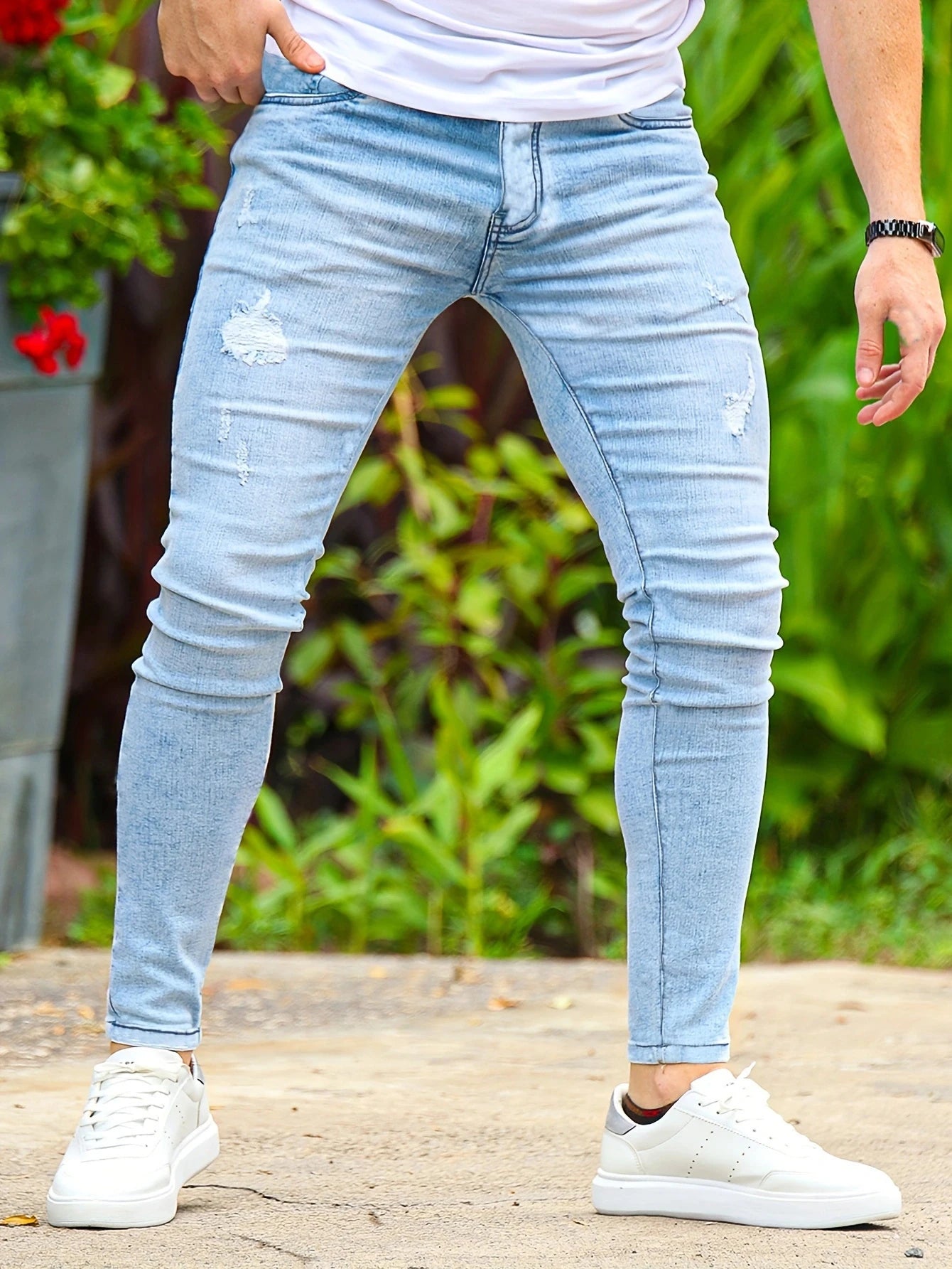 Men's Lightweight Slim-Fit Stretch Jeans | Light Blue with Ripped Design, Versatile Casual Street Style | Cotton Blend for All S