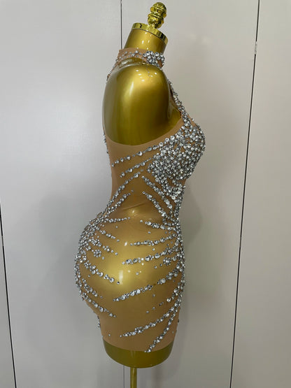 STOCK Sparkly Rhinestones Sexy Mesh See Through Dress Party Evening Prom Celebrate Birthday Dress Singer Dancer Show Stage Wear