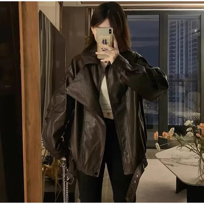 Vintage Zippers Short Leather Jackets Women's Casual Lapel Button Pockets Full Sleeve Coat 2025 Autumn New Lady Chic Streetwear