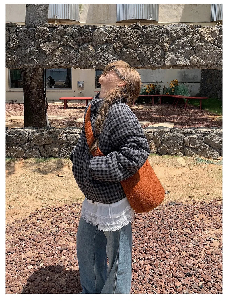 MEXZT Short Plaid Parkas Women Streetwear Stand Collar Puffer Jacket Winter Korean Down Coats Fashion Cotton Padded Outerwears