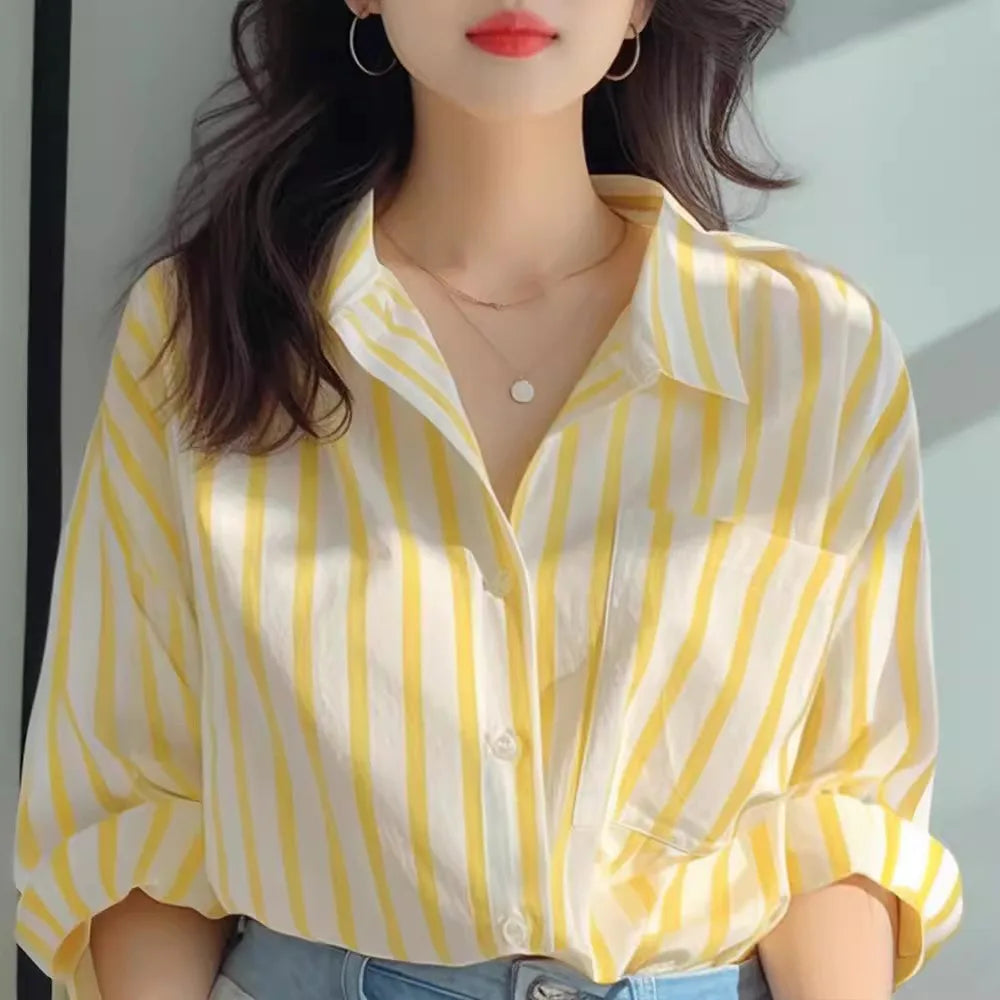 Yellow and white vertical striped shirt women spring and autumn new shirt European casual explosive long-sleeved shirt