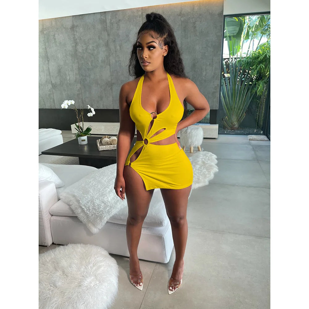 2026 Summer New Halter Dresses Sexy Slim Women's Dress Sleeveless Backless High Split Elegant  Dres Party Club Hollow Mini Skirt