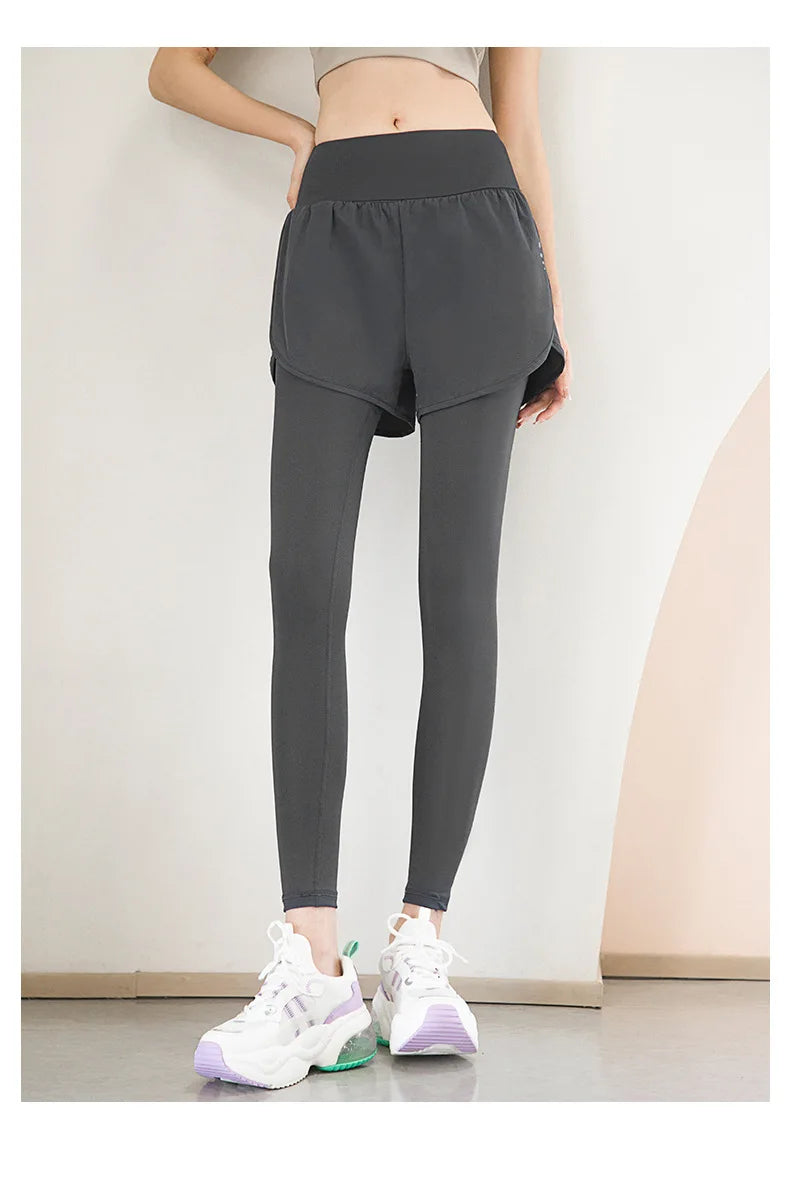 Women's Gym Leggings Elastic High Waist Fake Two Pieces Yoga Pants With Pockets Sportswear Running Tights Gym Yoga Wear