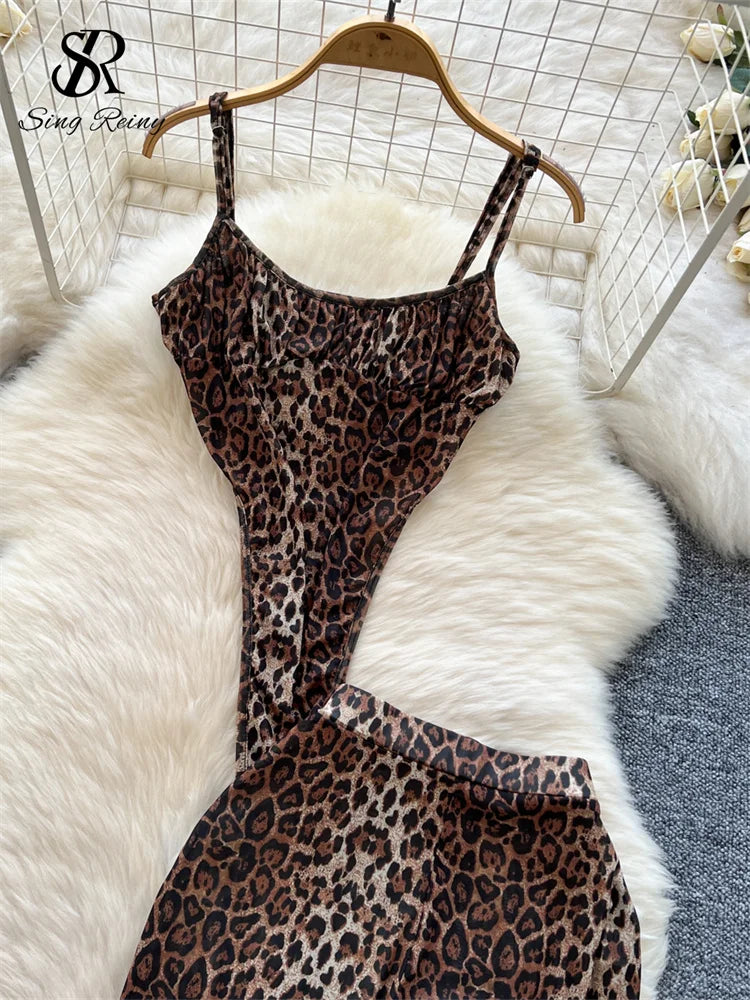 SINGREINY 2025 & 2026 Newest Leopard 2pcs Suits Women Sexy Strap Tops+Elastic Waist Flared Pants American Ins Fashion Hotsweet Sets