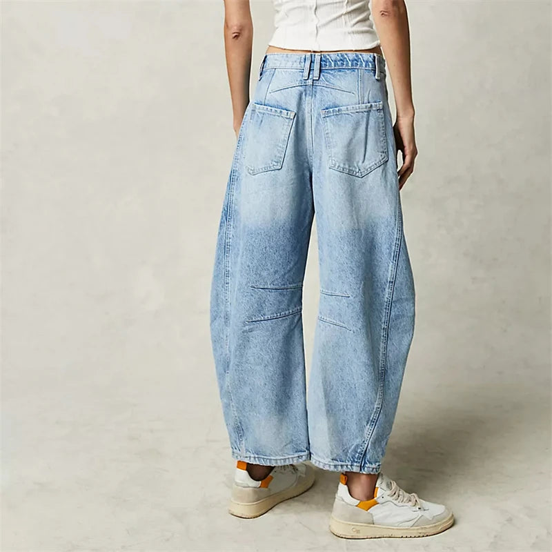 Midiross High Stretch Mid-Rise Barrel Jeans Fashion wide Leg Shape Women Casual Baggy Mid Waist Denim Pants