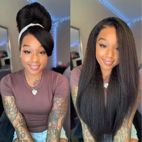 Human Hair 3 IN 1 Kinky Straight Wear and Go Half Wig Kinky Straight Upgrade Pre Plucked With Baby Hair Wig For Women Put Go