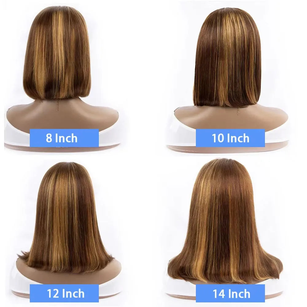 Straight Short Bob Wig P4/27 Highlight 13x4 Transparent Lace Frontal Wig 100% Brazilian Human Hair Wig 180 Density For Women