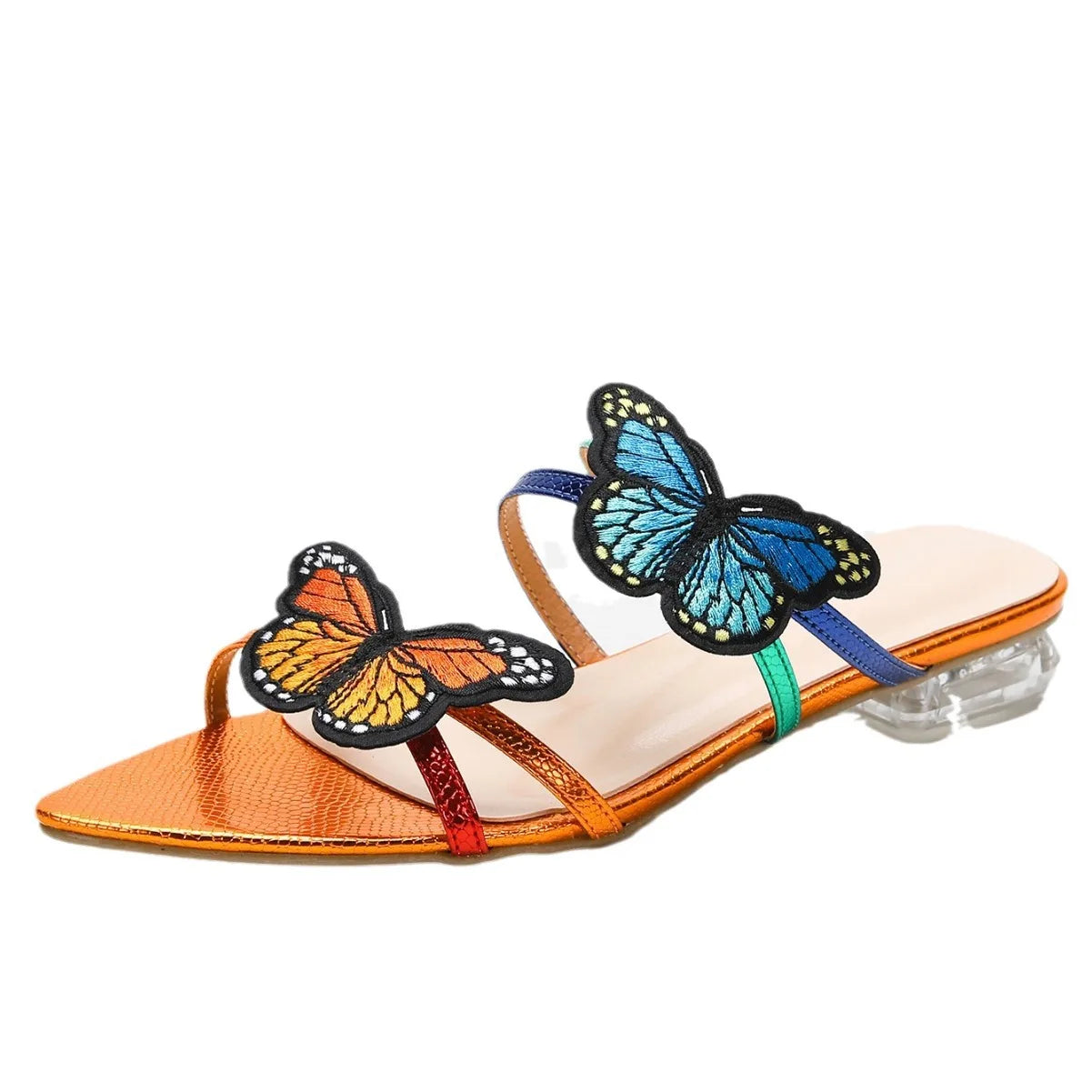 Women's flat slippers transparent heel sandals butterfly decoration one-strap slippers fashionable low heel sandals for women