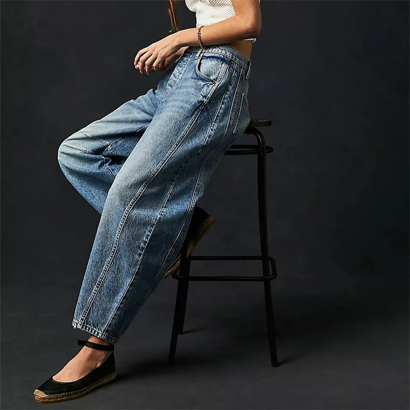 Midiross High Stretch Mid-Rise Barrel Jeans Fashion wide Leg Shape Women Casual Baggy Mid Waist Denim Pants