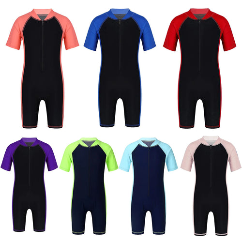 Wetsuits Kids Boys Girls Swimwear Swimsuits Short Sleeves Bodysuit Zippered Shorty Unitard Children's Bathing Suit Wetsuit