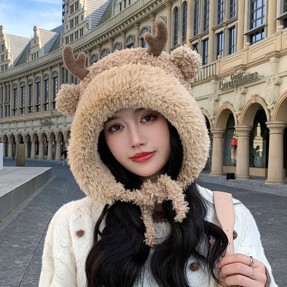 Knitted Hat Beanie Winter Warm Fleece Lined Reindeer Antlers Korean Style Cute Christmas Party Women Girls Thickened Thermal