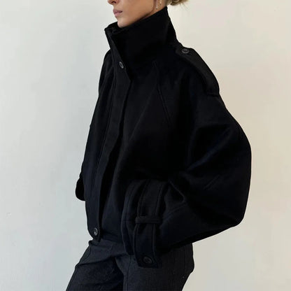 Casual Solid Loose Jackets Women Fashion Full Sleeve Single Breasted Stand Collar Short Coats Female 2025 Autumn Lady Outwears