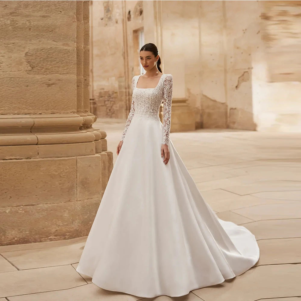 Customized Classic Wedding Dresses Woman's A Line Sexy Appliques Long Sleeve Boat Neck High Split Bride Gowns Formal Vestidos