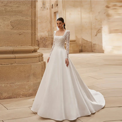 Customized Classic Wedding Dresses Woman's A Line Sexy Appliques Long Sleeve Boat Neck High Split Bride Gowns Formal Vestidos