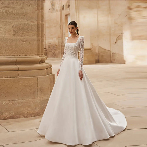 Customized Classic Wedding Dresses Woman's A Line Sexy Appliques Long Sleeve Boat Neck High Split Bride Gowns Formal Vestidos