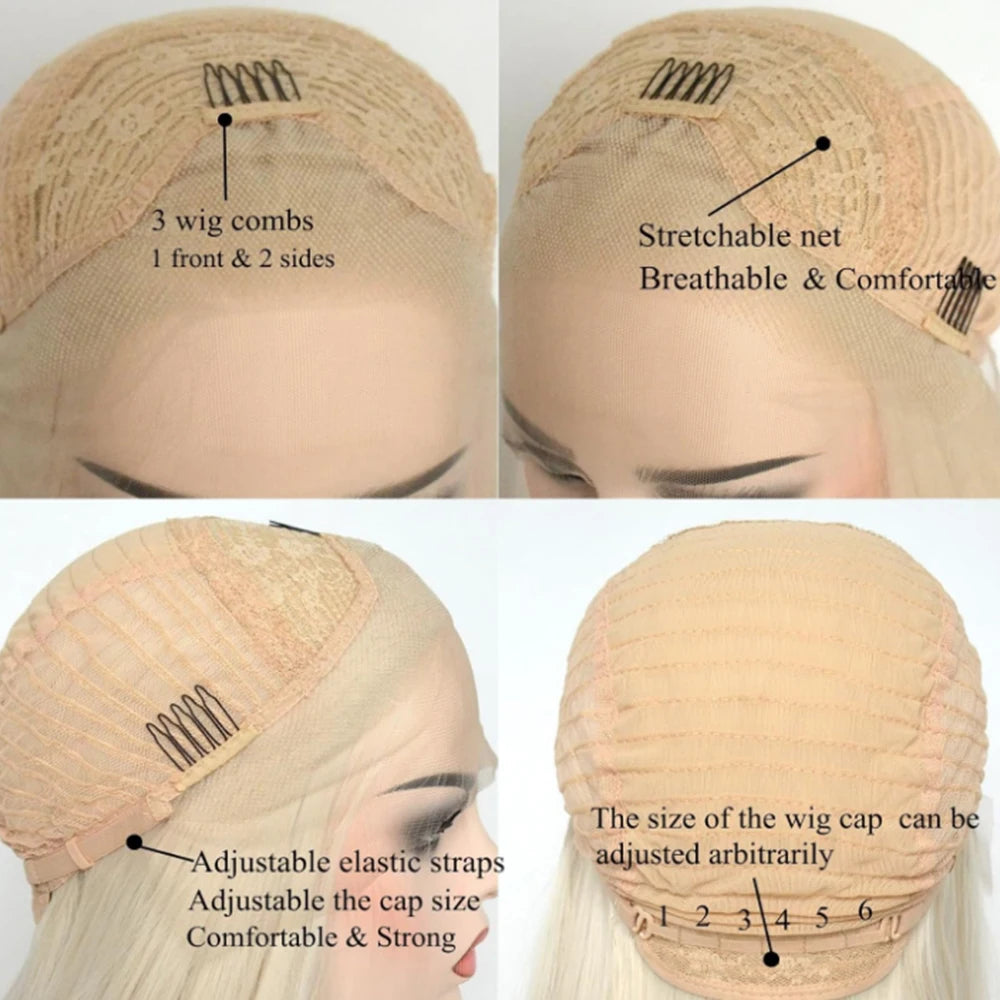 Voguequeen Platinum Blonde Synthetic Lace Front Wigs Silky Straight Heat Resistant Fiber Daily Wear For Women