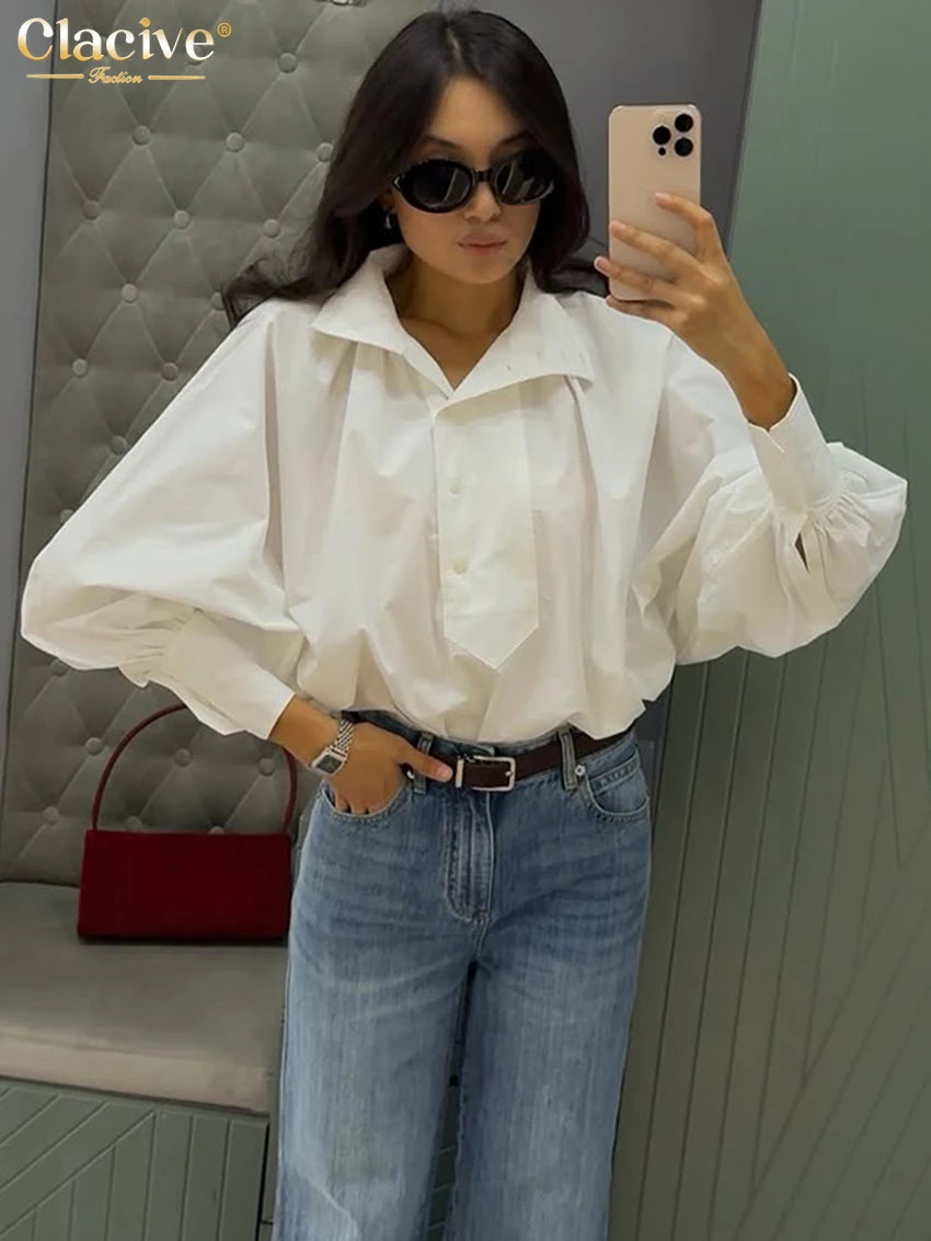 Clacive Fashion Loose White Cotton Women's Shirt 2025 Casual Lapel Long Sleeve Blouse Elegant Classic Solid Top Female Clothing