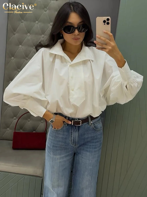 Clacive Fashion Loose White Cotton Women's Shirt 2025 Casual Lapel Long Sleeve Blouse Elegant Classic Solid Top Female Clothing