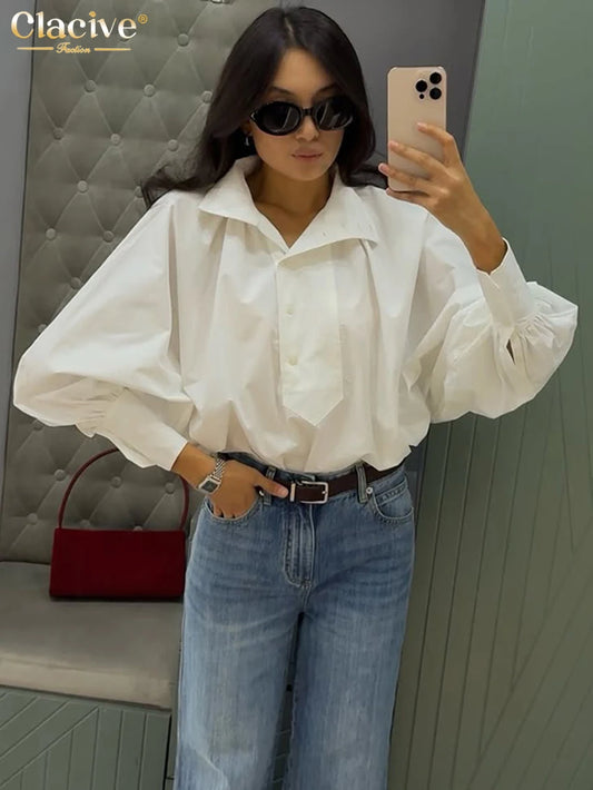 Clacive Fashion Loose White Cotton Women's Shirt 2025 Casual Lapel Long Sleeve Blouse Elegant Classic Solid Top Female Clothing