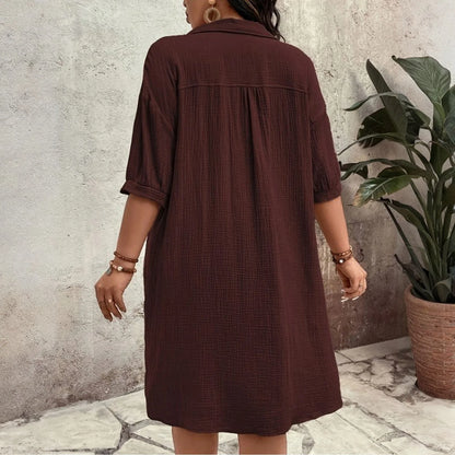 New Women'S Fashion Casual Solid Color Buttoned Mid-Length Short Sleeve Loose Dress Vestidos Para Mujer Ropa De Mujer 신상원피스