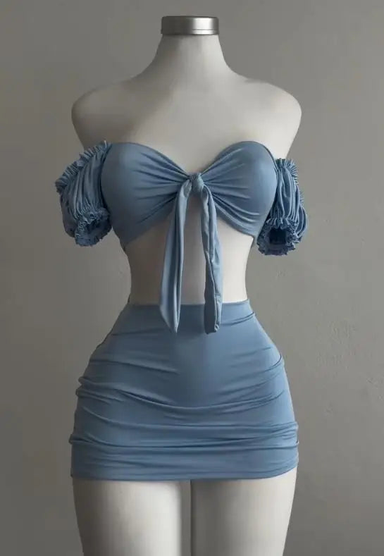 A sexy and fashionable two-piece short skirt with hollowed-out pleated puffed sleeves that wraps the hips