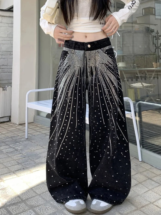 2025/2026 Ropa Y2K Style Baggy Hot Fix Rhinestone Baggy Stacked Jeans Pants For Women Clothing Wide Leg Luxury Gothic Lady Trousers