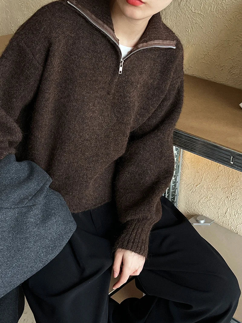 2026 Women Turn Down Collar Sweater Long Sleeve Zipper Design Warm Cardigans Clothes Tops For Women Winter Sweater Pull Femme