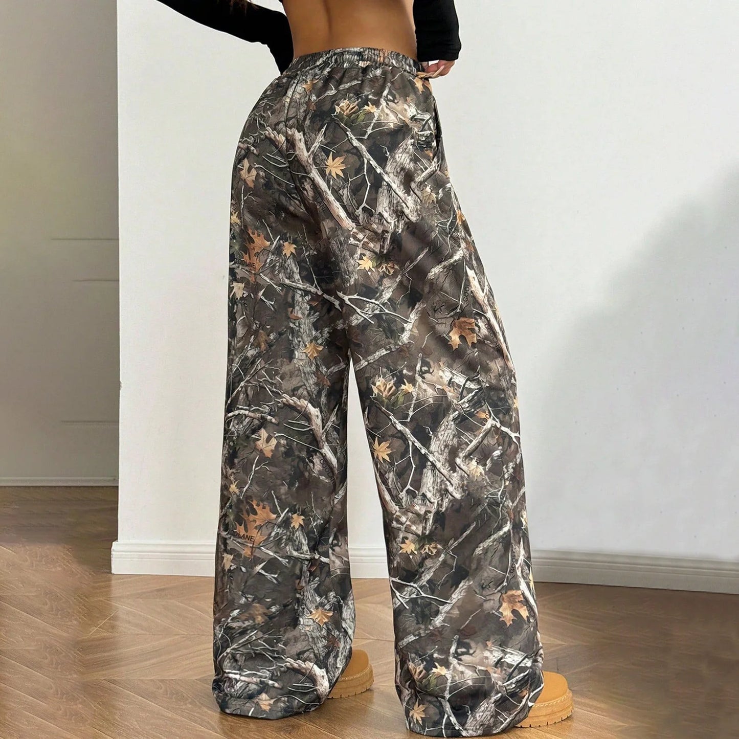 Women's Wide Leg Camo Pants Lightweight Elastic Waist Camouflage Print Loose Pants Trousers Y2K Vintage Streetwear