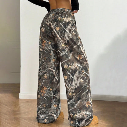 Women's Wide Leg Camo Pants Lightweight Elastic Waist Camouflage Print Loose Pants Trousers Y2K Vintage Streetwear