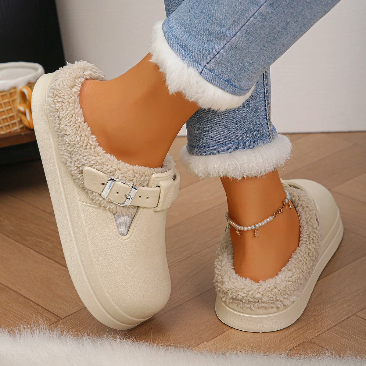 Waterproof Eva Furry Mules Slippers Women 2025 Winter Metal Buckle Warm Plush Slippers Soft Thick Bottom Non Slip Indoor Slides