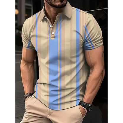 3D Print Stripes Color Block Polo Shirt For Men Colorful Pattern T-Shirts Summer Loose Street Lapel Top Button Short Sleeve Tees