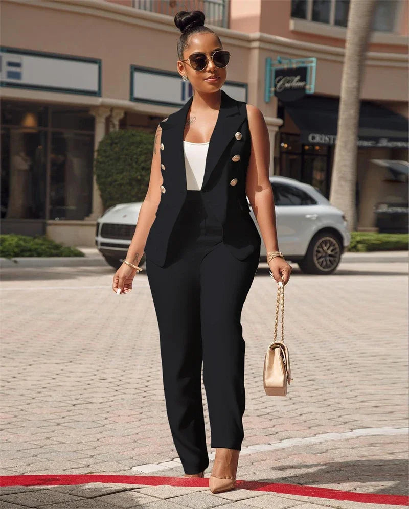 Business OL Work Wear Two Piece Pant Suits for Women Set Elegant Sleeveless Blazer Top + Pencil Pants Office Lady Matching Sets